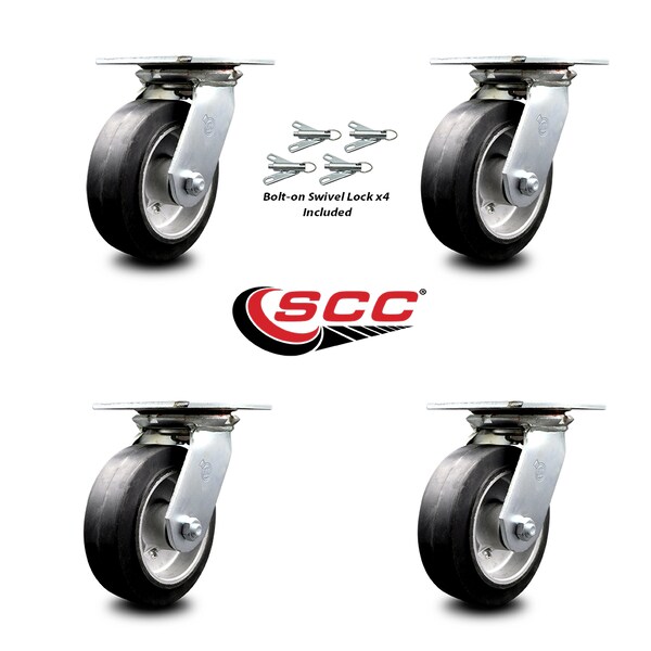 6 Inch Rubber On Aluminum Caster Set With Ball Bearings And Swivel Locks SCC